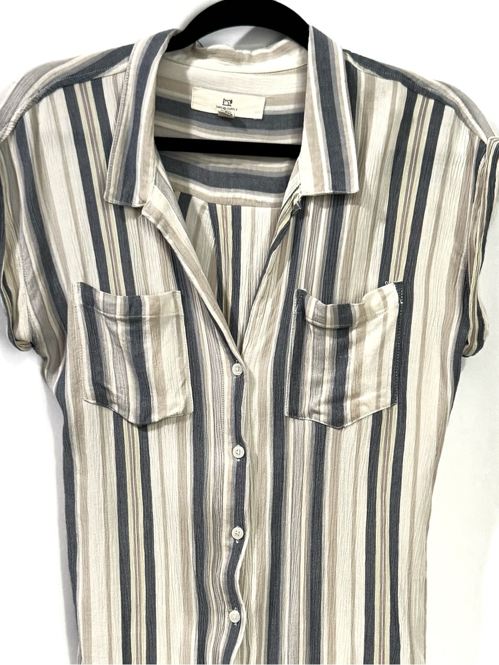 Thread & Supply Shirt Womens Small Denim Gray Cream Striped Collared Button Fron